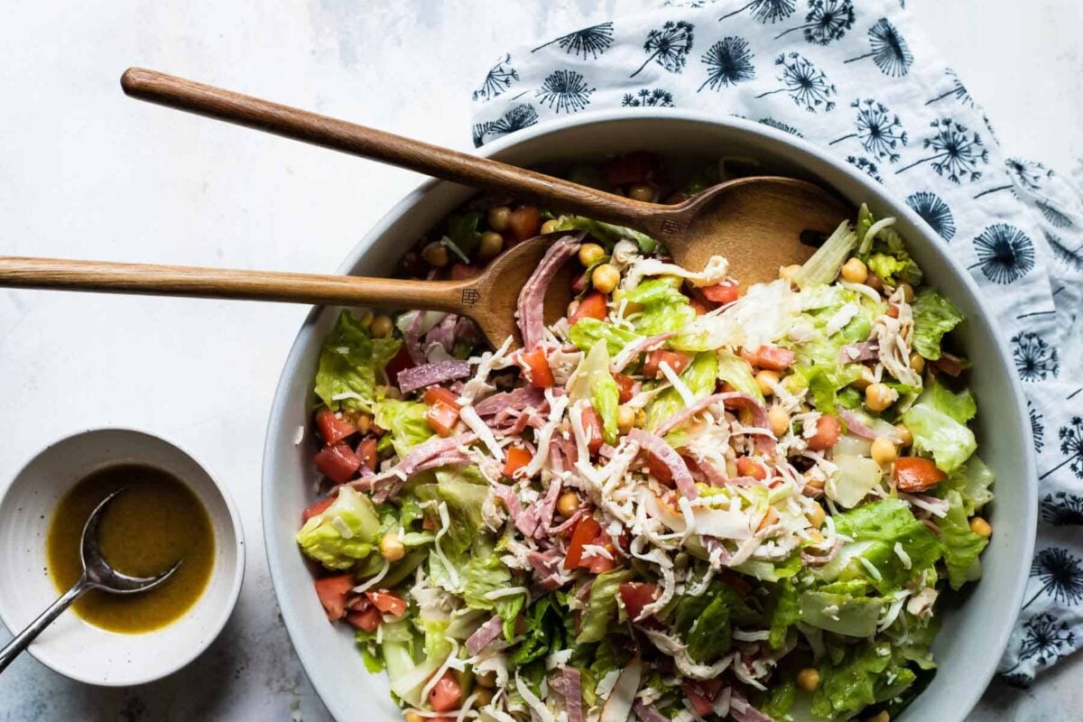 Italian chopped salad in a bowl .