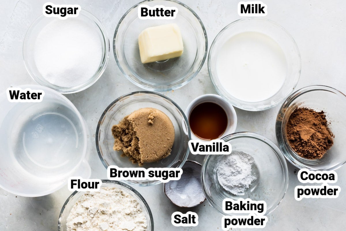 Labeled ingredients for slow cooker lava cake.
