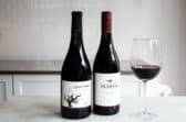 Two bottles of red wine next to a glass of the same.