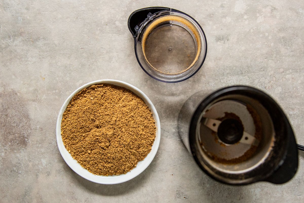 Grinding spices in an electric spice grinder for Chinese Chicken Wings.