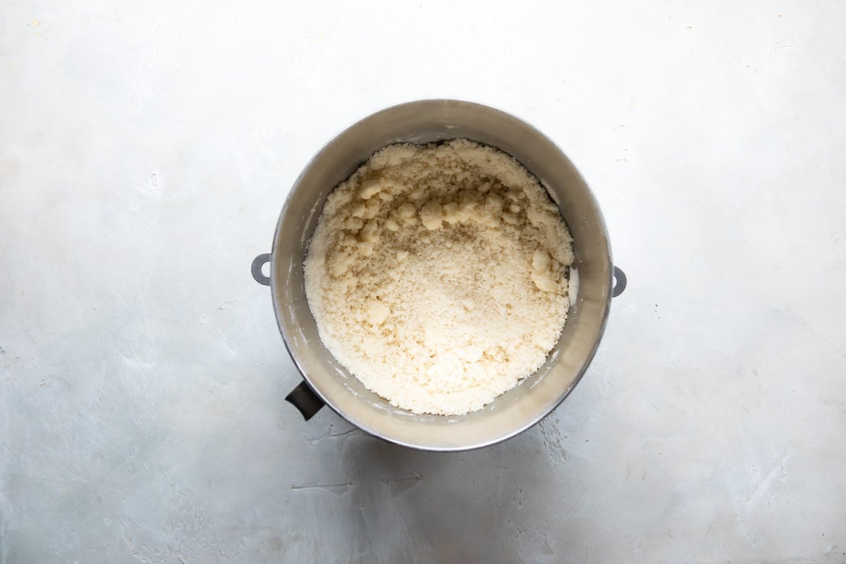 Vanilla cake batter in a mixing bowl.