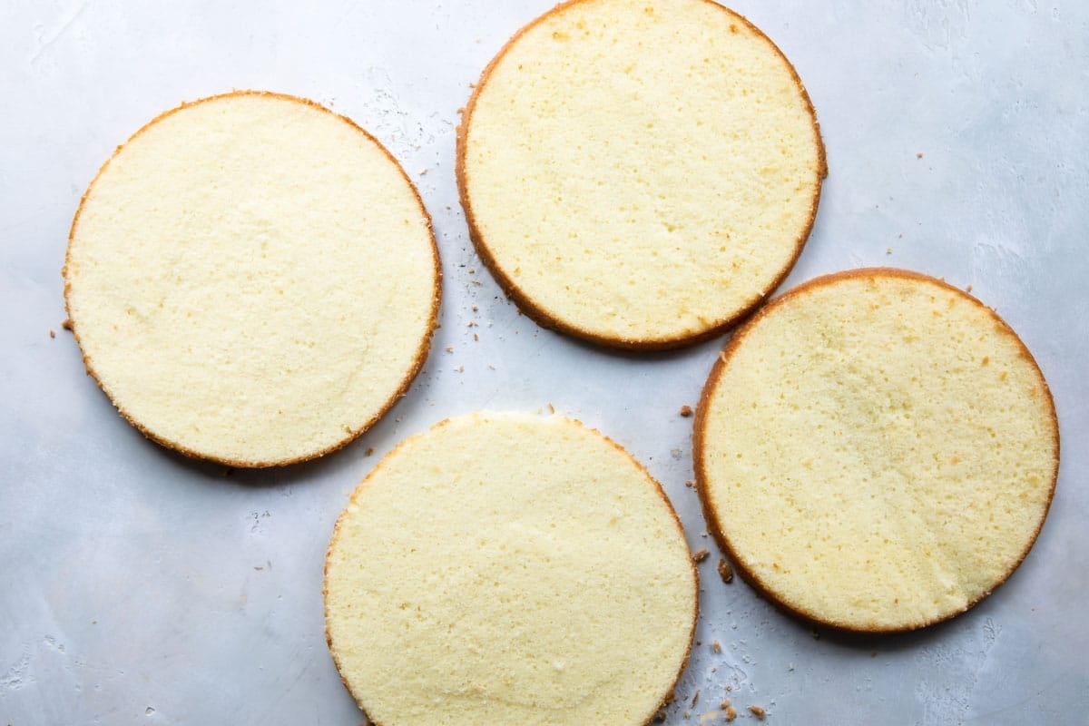 2 cakes cut in half lengthwise to make 4 layers.