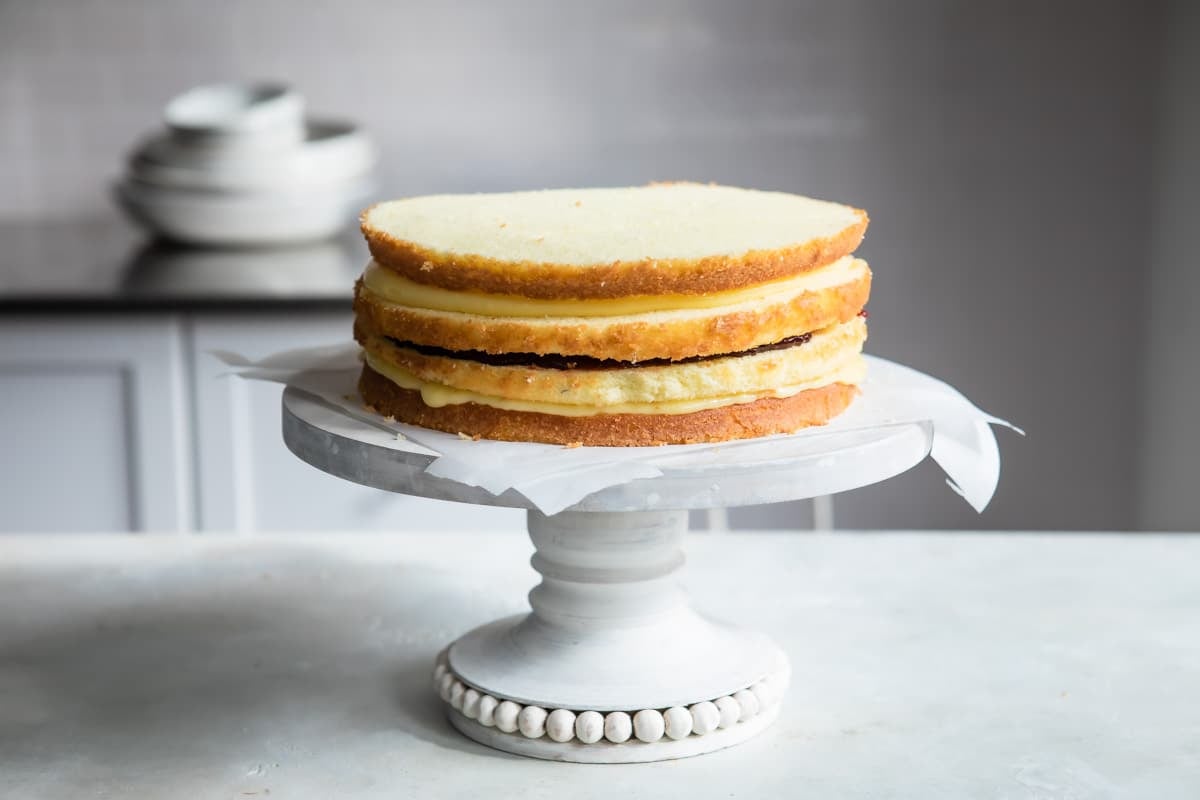 An unfrosted Danish Layer Cake.