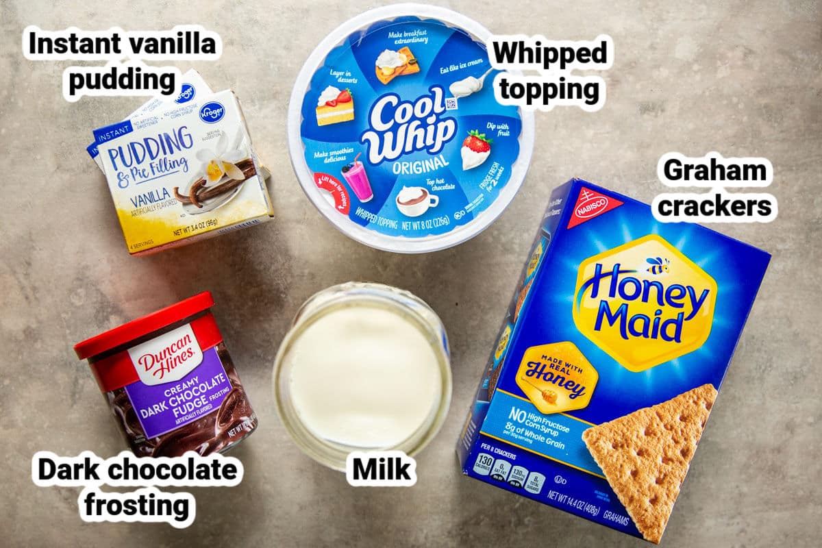 Labeled ingredients for Chocolate Eclair Cake.