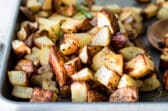 Oven roasted potatoes on a baking sheet.