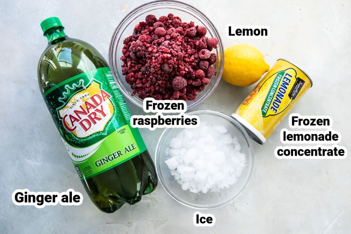 Labeled ingredients for raspberry lemonade fizz.