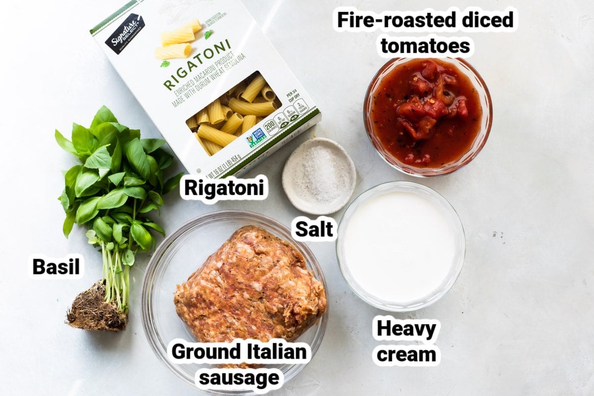 Labeled ingredients for rigatoni with sausage.