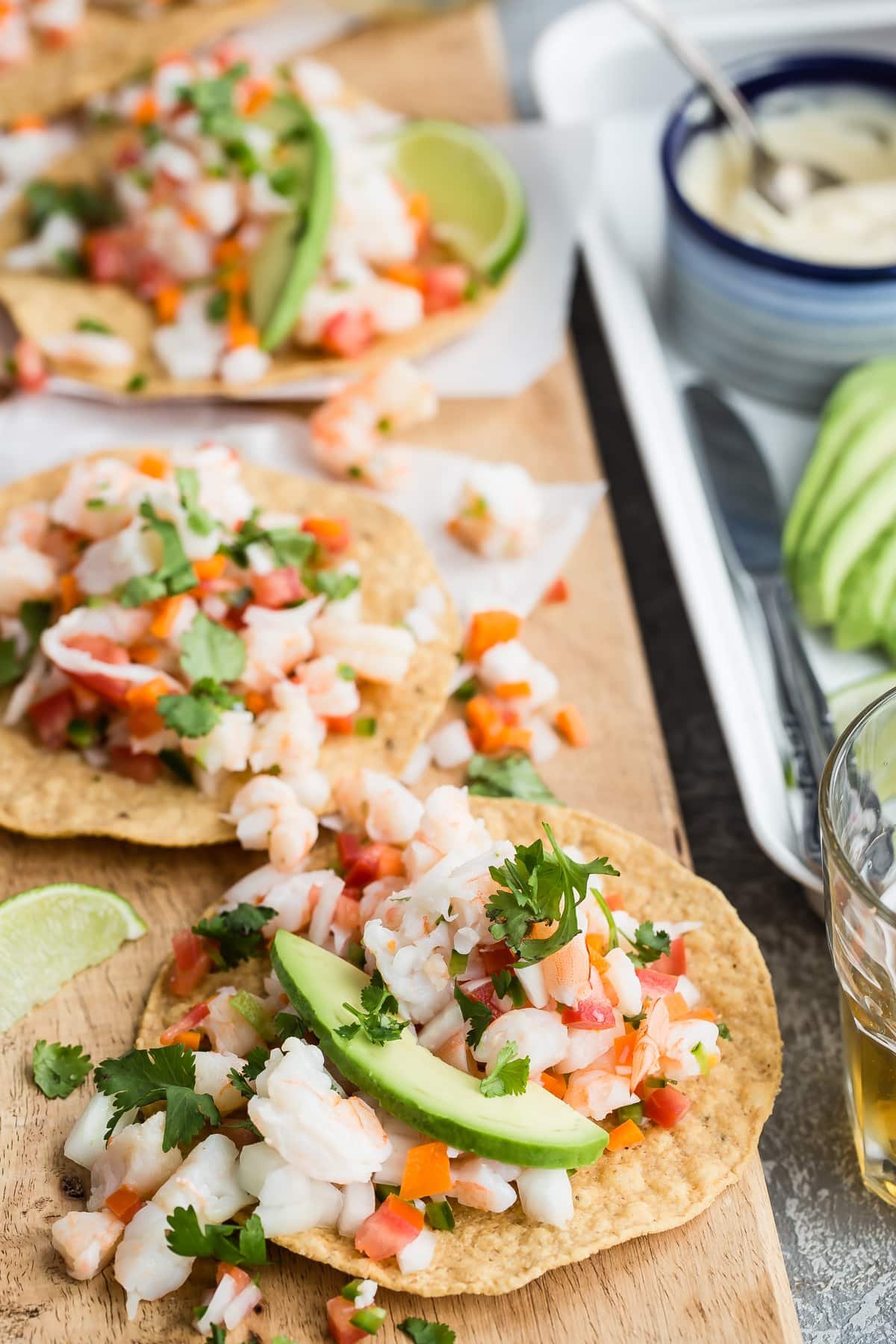 A tostada with shrimp ceviche on top.