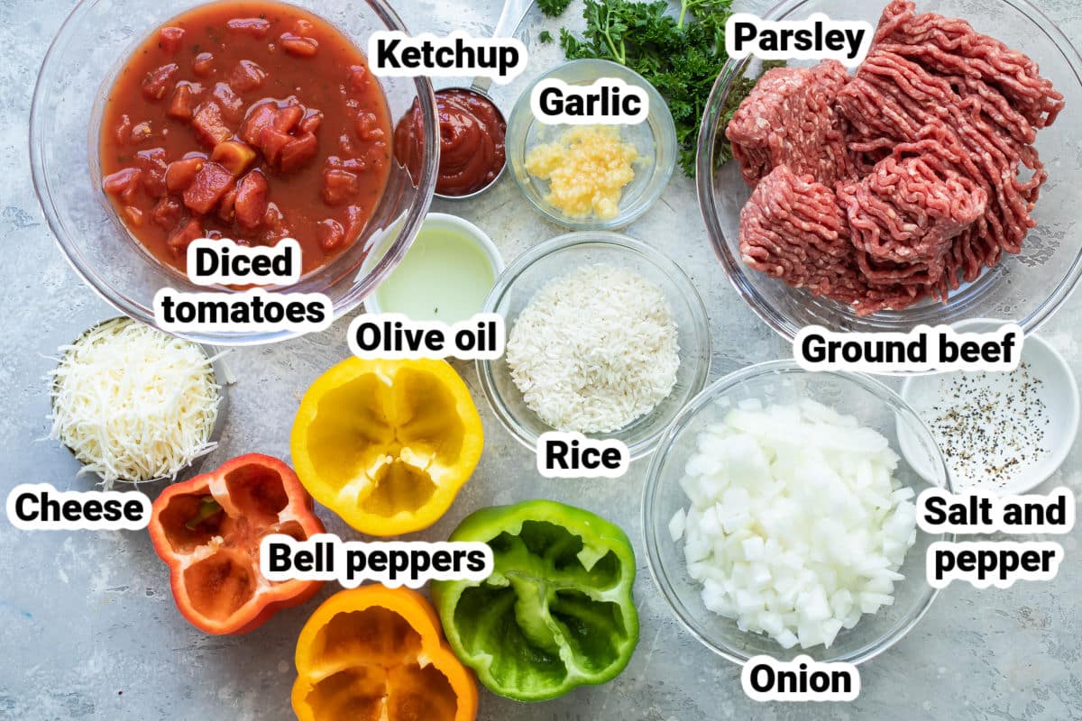 Labeled ingredients for stuffed bell peppers.