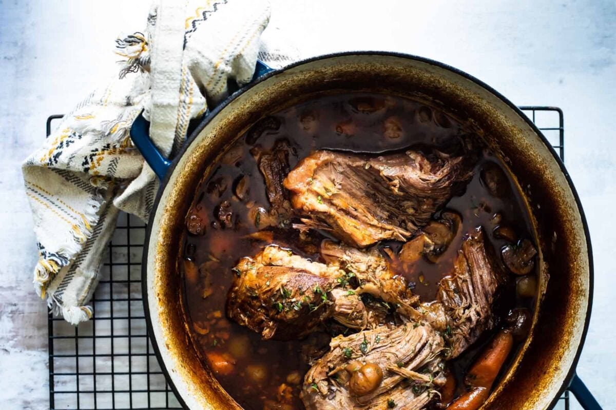 A Dutch Oven full of beef bourguignon.
