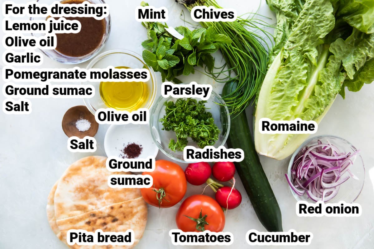 Labeled ingredients for fattoush.