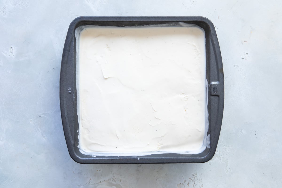 Ice cream in a square baking dish.