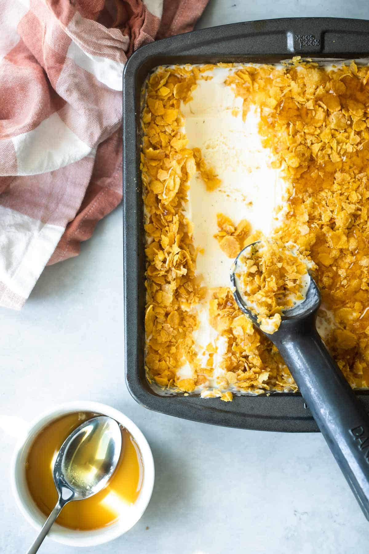 A baking dish full of "mock" fried ice cream.