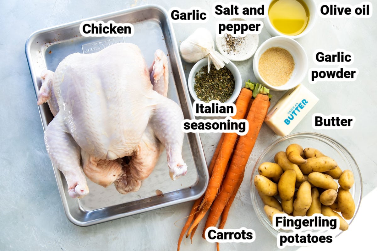 Labeled ingredients for garlic butter roast chicken.