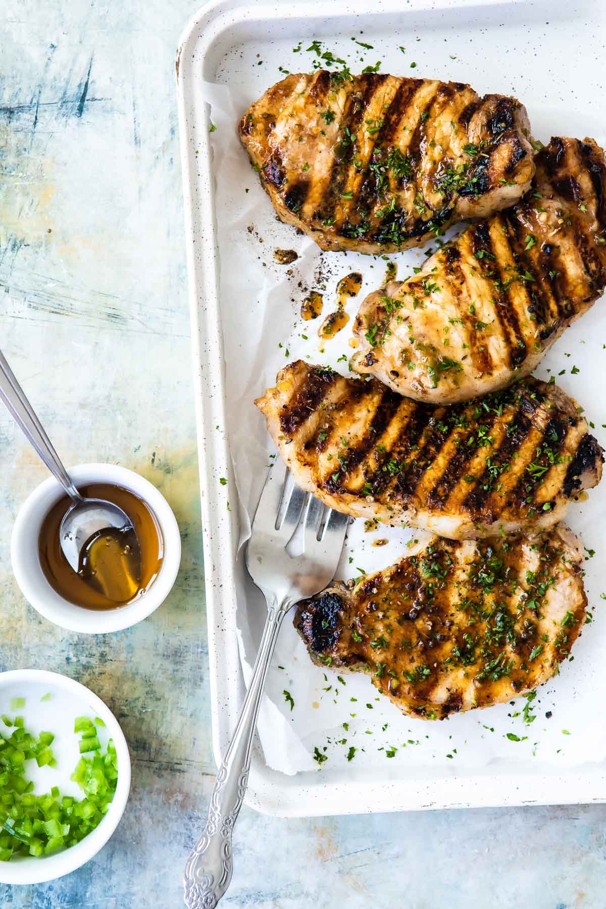 A platter of grilled pork chops.
