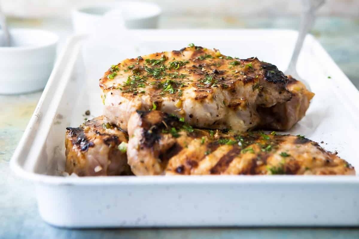 A platter of grilled pork chops.