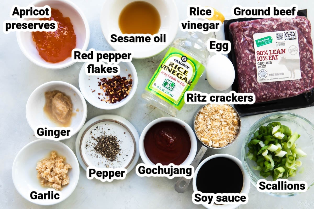 Labeled ingredients for Korean Barbecue Meatballs.