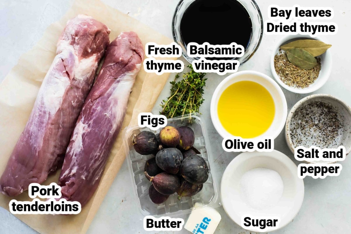 Labeled ingredients for pork tenderloin with figs and balsamic glaze.