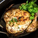 A rotisserie chicken in a black crock pot.