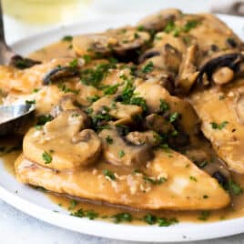 A platter of Chicken Marsala.