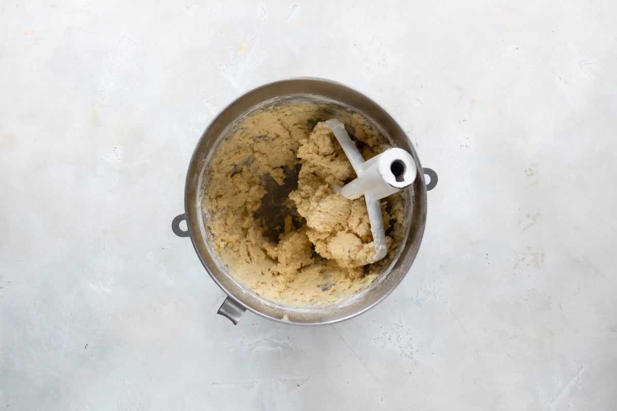A mixing bowl of circus animal cookie dough.