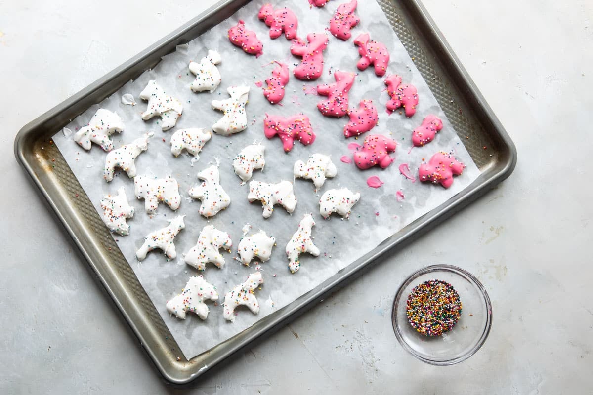A baking sheet full of homemade circus animal cookies.