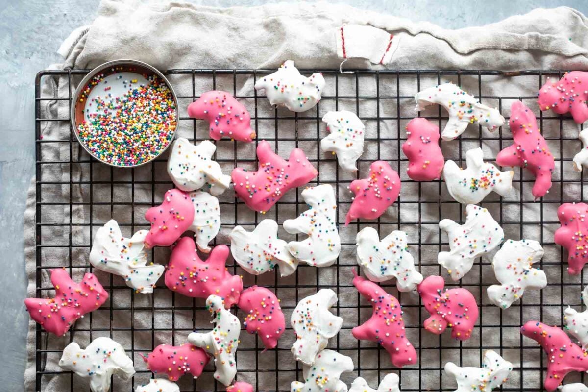 A baking rack full of homemade circus animal cookies.