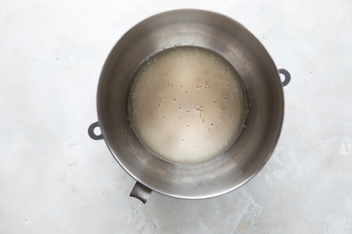 Blooming yeast in a mixing bowl.