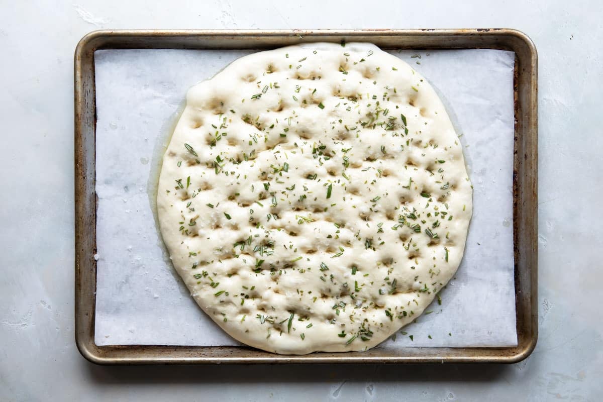 Focaccia bread dough spread out on a baking sheet, dimpled and topped with focaccia.