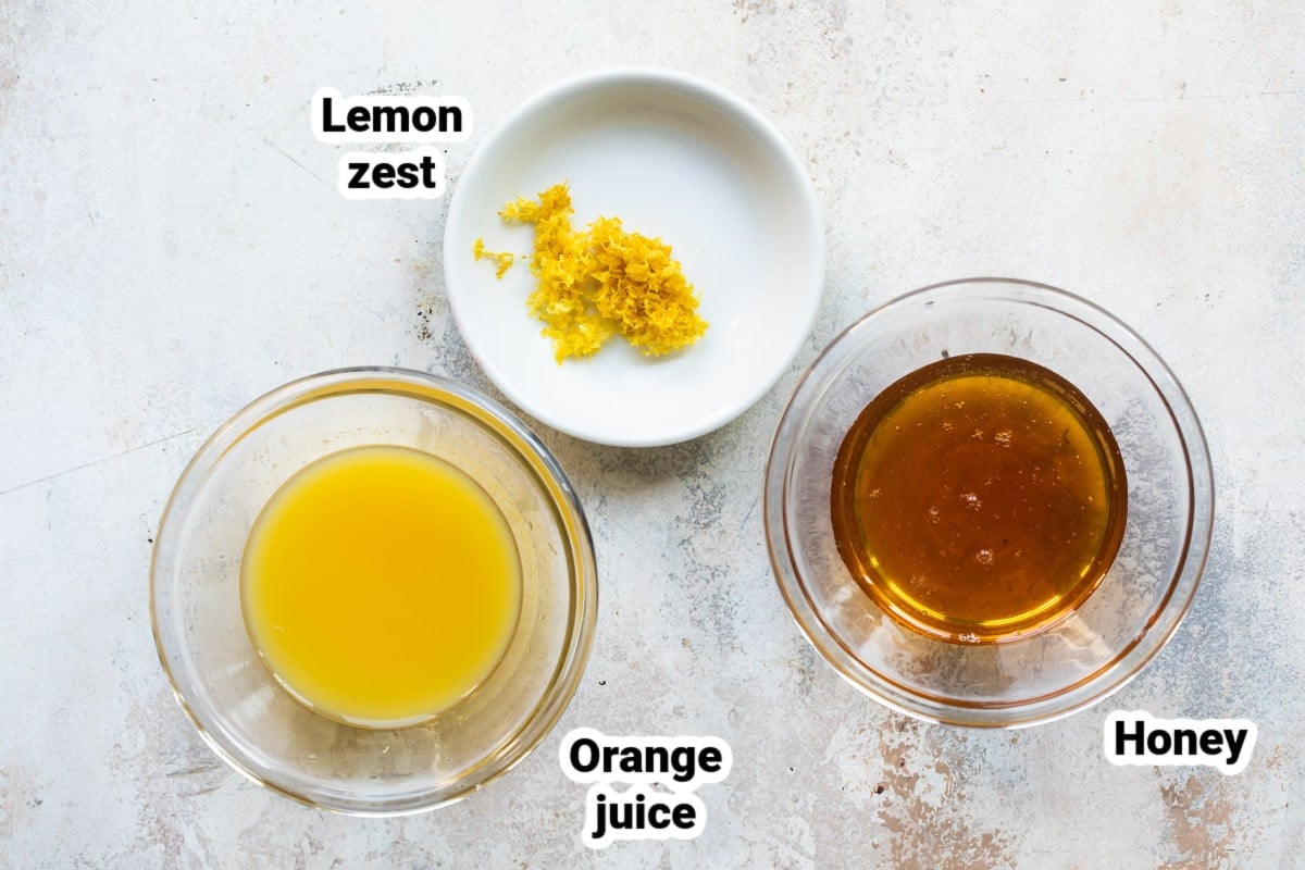 Labeled ingredients for fruit salad dressing.