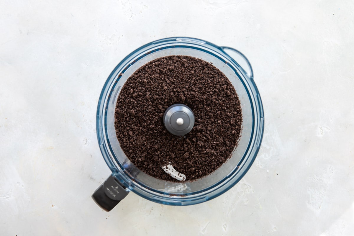 Oreo cookies blended in a food processor.