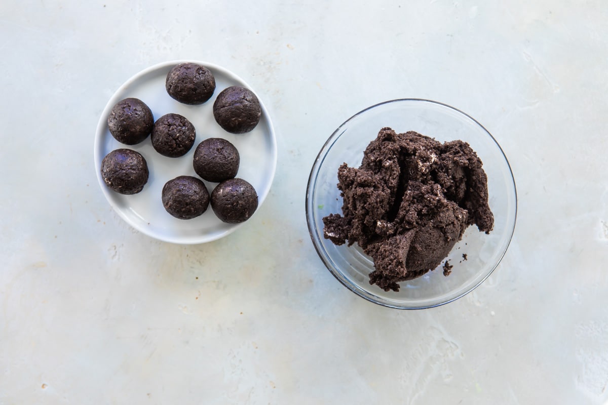 Oreo cookie filling and some formed into balls.