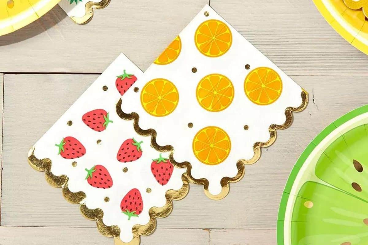 Fruit napkins on a tabletop.