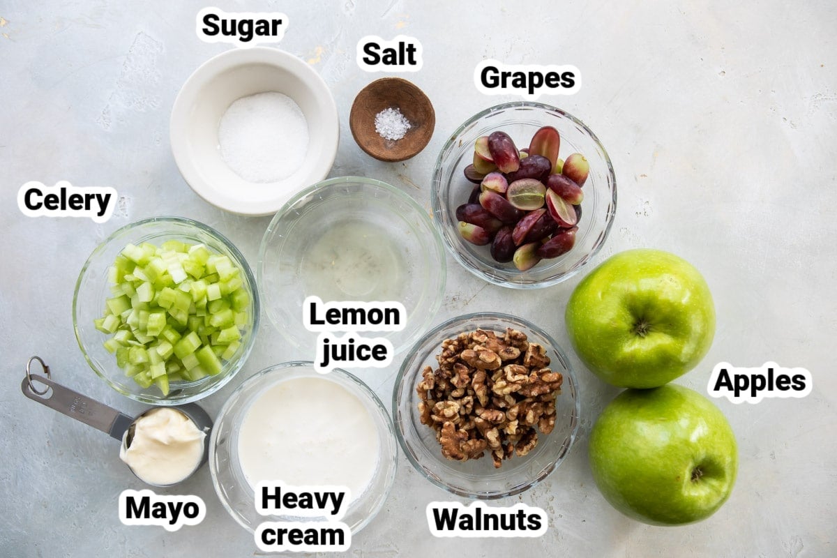 Labeled ingredients for Waldorf Salad.