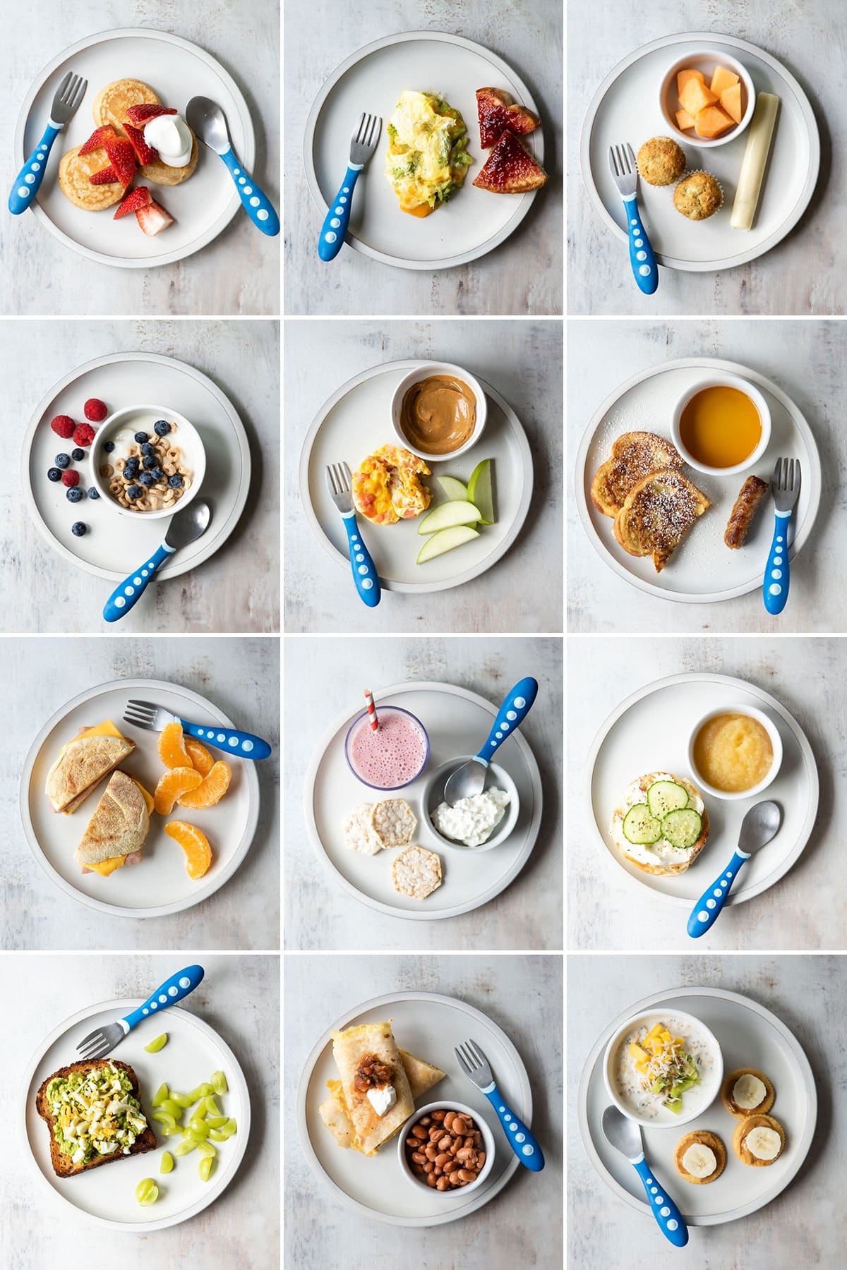 Pictures in a grid of 12 Toddler Breakfasts.