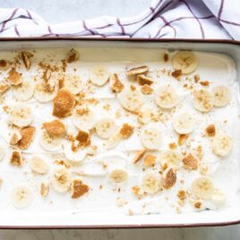 A baking dish full of banana pudding.