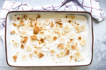 A baking dish full of banana pudding.