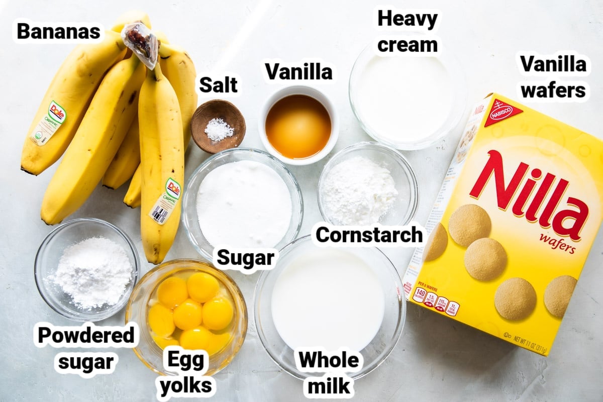 Labeled ingredients for banana pudding.