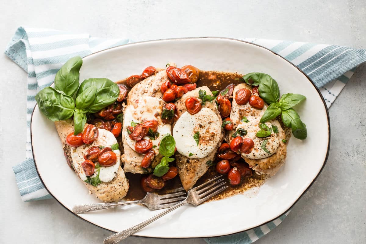 A platter of Caprese Chicken.