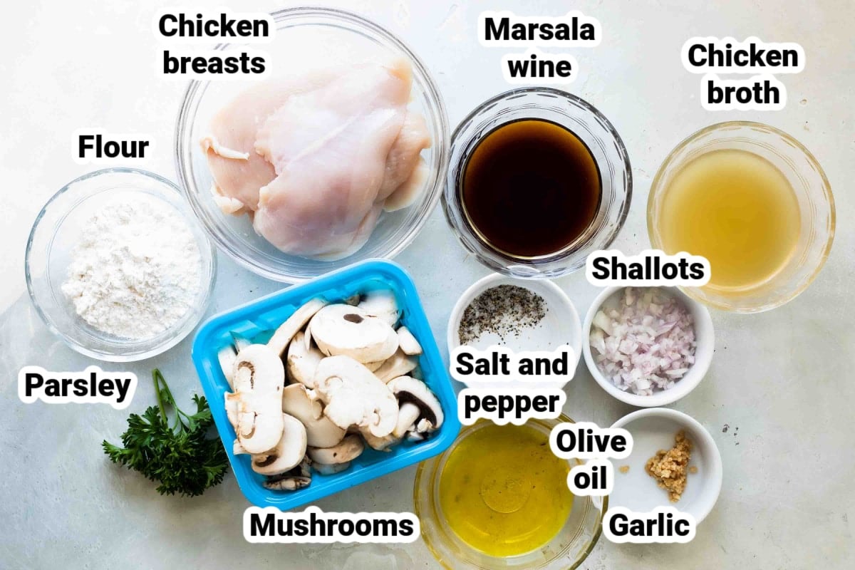Labeled ingredients for chicken Marsala.