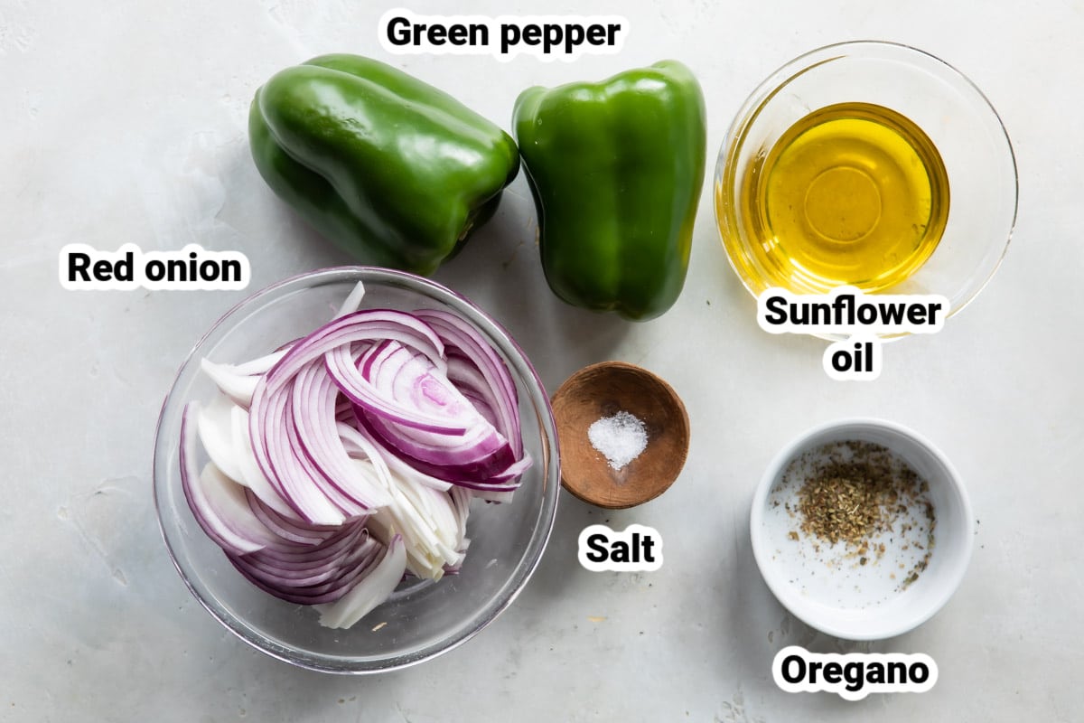 Labeled ingredients for fajita veggies.