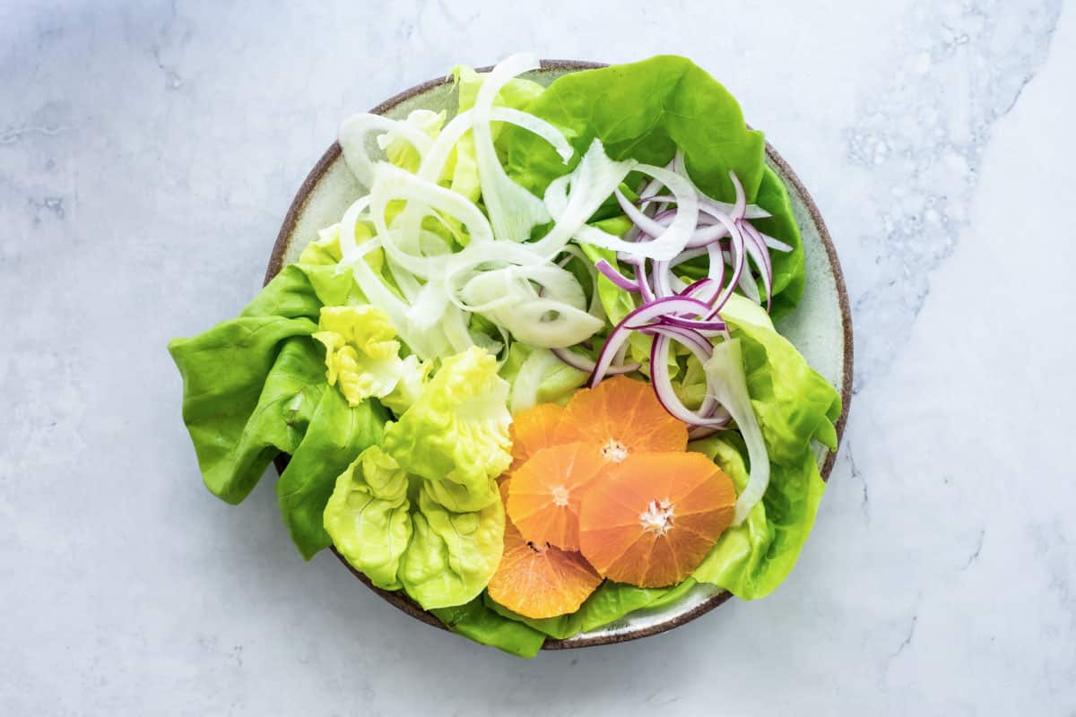 Fennel salad with oranges in a bowl.