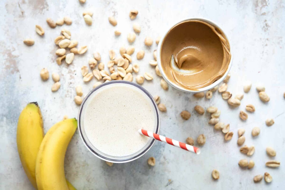 A glass of peanut butter smoothie.