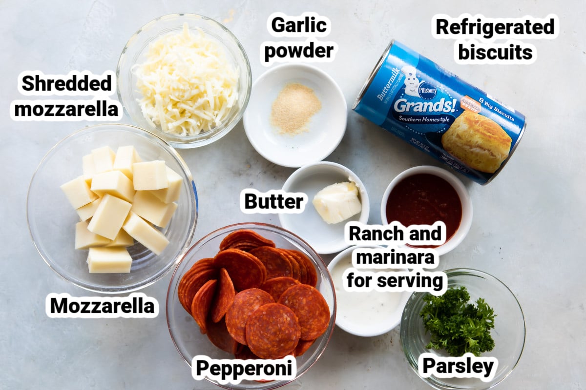 Labeled ingredients for pull-apart pizza bread.