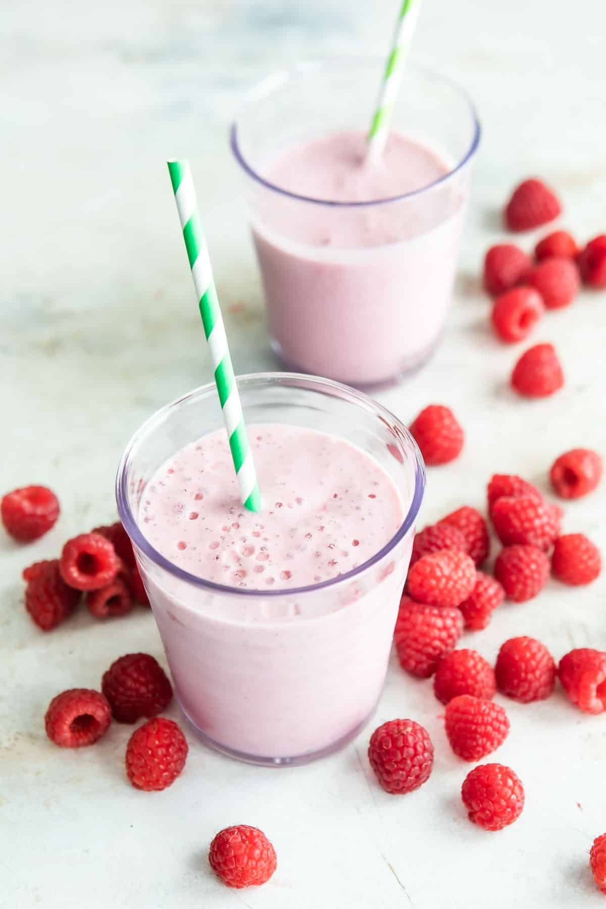 2 glasses of raspberry smoothie.