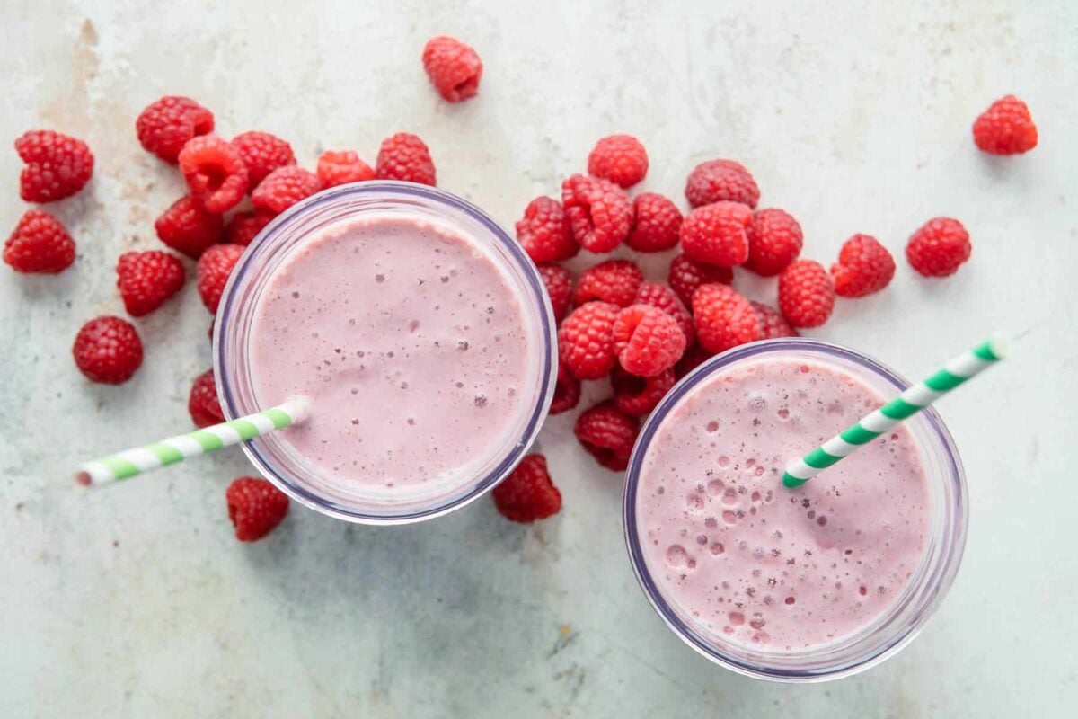 2 glasses of raspberry smoothie.