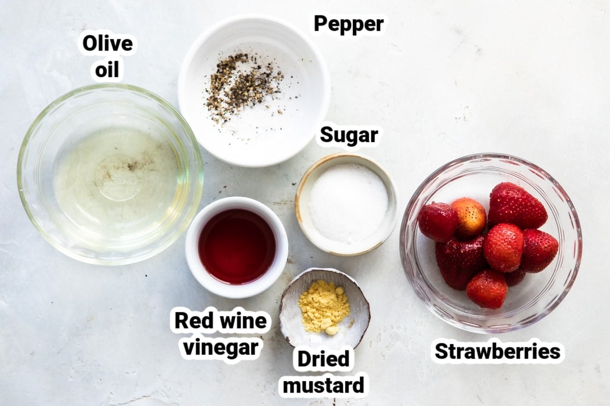 Labeled ingredients for strawberry vinaigrette.