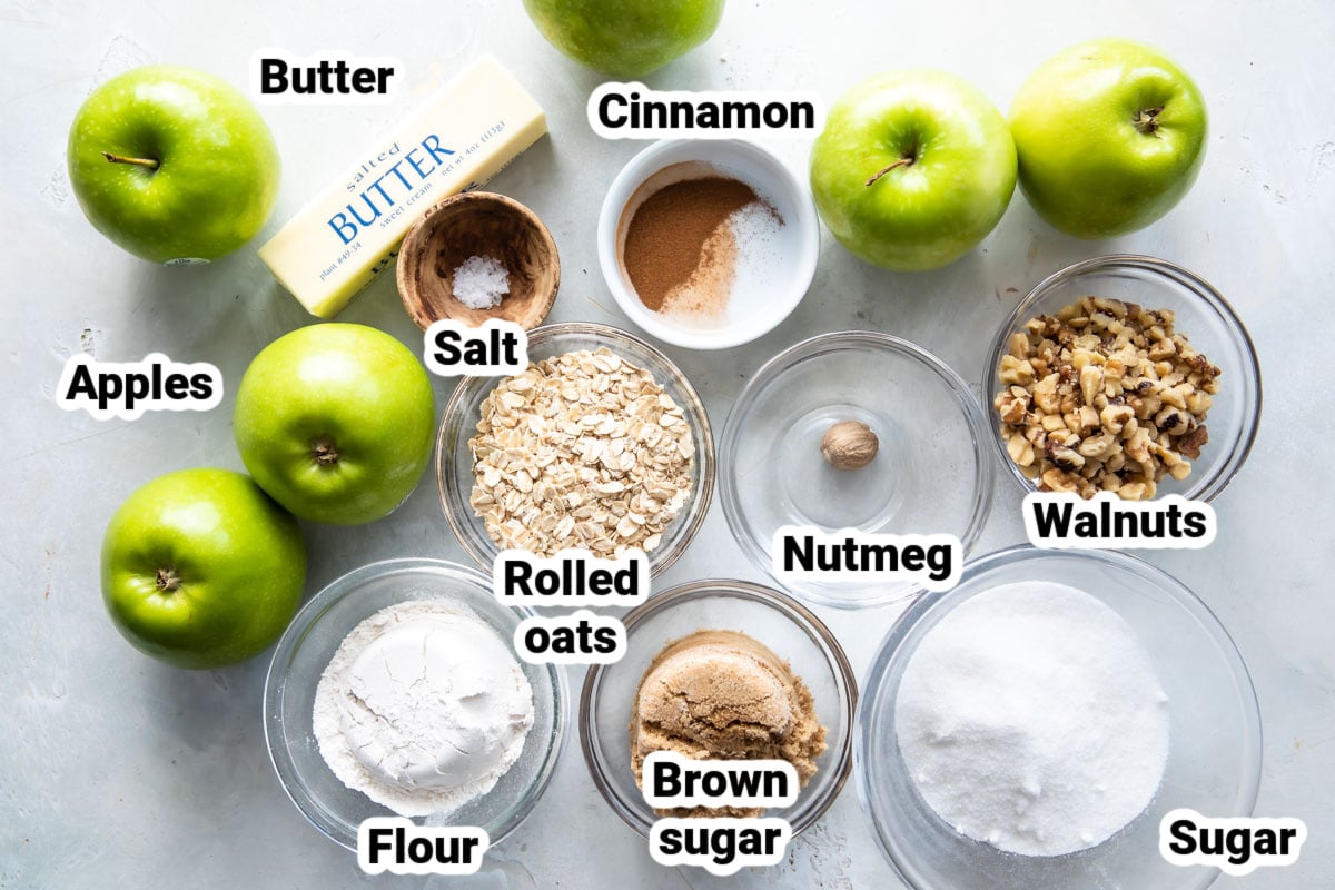 Labeled ingredients for apple crisp.