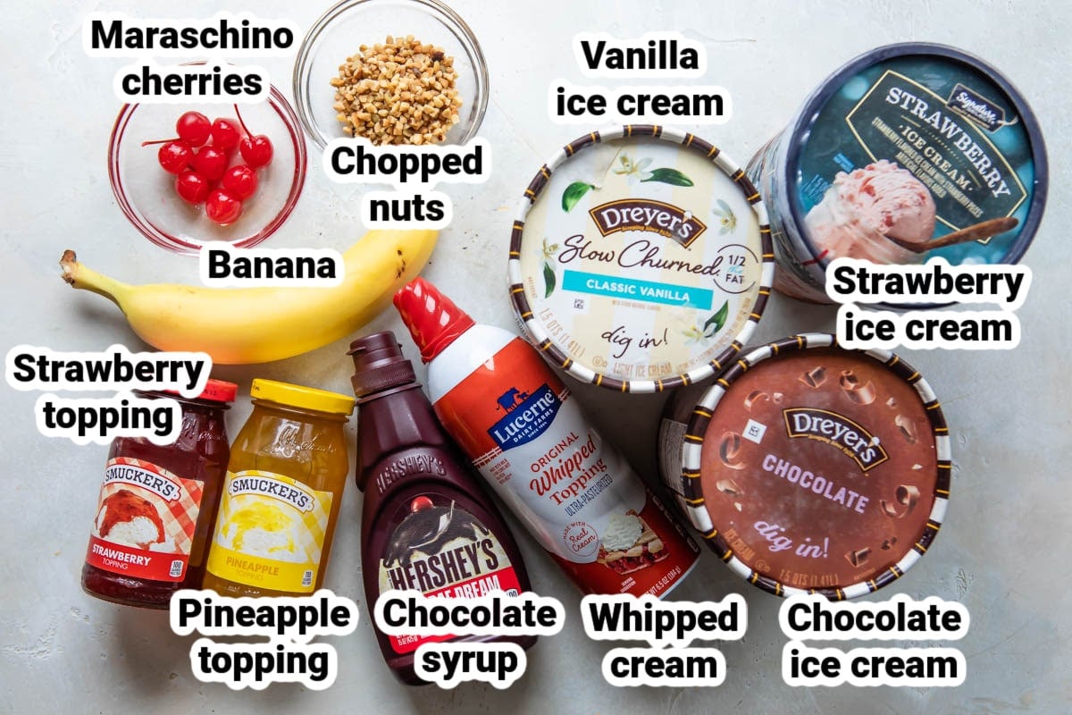 Labeled ingredients for banana splits.