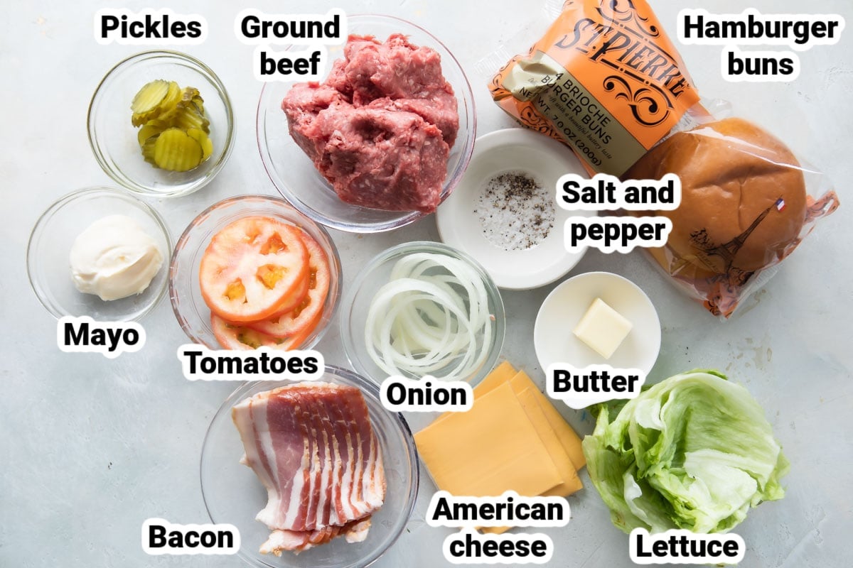 Labeled ingredients for the best bacon cheeseburger.